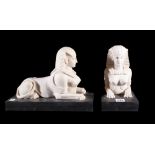 A pair of composite faux marble sphinxes on rectangular ebonised plinths, 31.