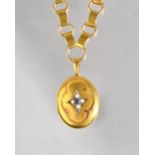 A Victorian gold, sapphire and half pearl set oval pendant locket,