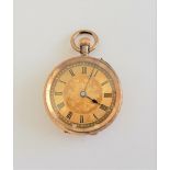 A lady's gold cased, keyless wind, openfaced fob watch, with a gilt cylinder movement,