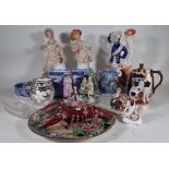 Ceramics, including; a barge teapot, blue and white vases, Staffordshire figures and sundry, (qty.).