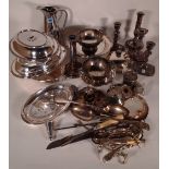 Silver plated wares, including; jugs, plates, bowls, candlesticks and flatware, (qty).