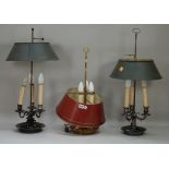 A 20th century French gilt brass bouillotte lamp with red tole shade,