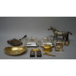 Assorted silver plate including; a model of a standing horse; tow Dior match sleeves;