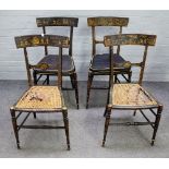 A set of four distressed Regency black and gilt japanned side chairs,