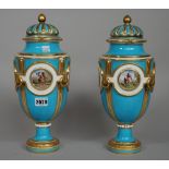 A pair of Minton turquoise ground urns and covers, circa 1860-69, printed factory mark,