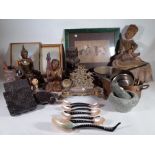 Metalware and collectables, including; a Chinese puzzle ball, carved figures,