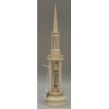 A late 19th century ivory table thermometer in the form of a circular carved and pierced tower,