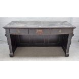 Gendarm; an ebonised French shop counter/till with three drawers, one fitted with a bell,