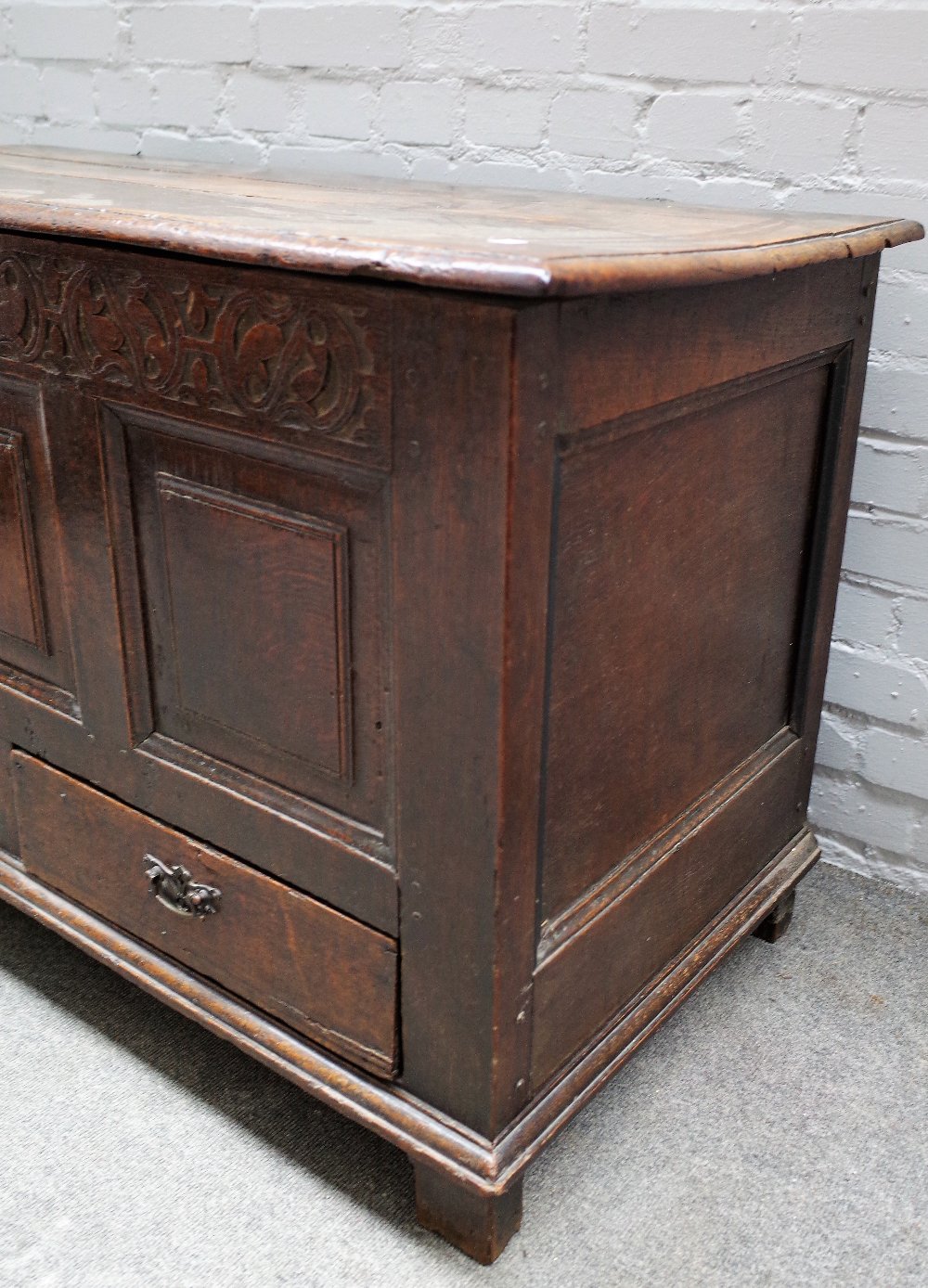 An 18th century oak mule chest, the lift top over triple panel front and pair of drawers, - Image 2 of 4