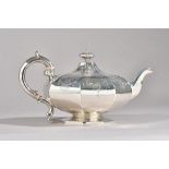 A Victorian silver teapot, of squat octagonal form,
