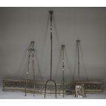 A set of three Victorian steel fire irons, with knopped shafts and a matching log fork,