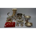 Assorted silver plate including; a large cornucopia shaped vase;
