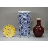 A modern Chinese porcelain blue and white cylindrical stick stand (49cm high);