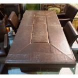 A 20th century faux brown leather upholstered dining table, 210cm long x 100cm wide x 83cm high.