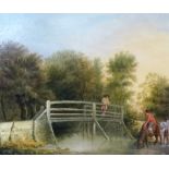 English School (early 19th century), Figures and horse watering by a footbridge, oil on canvas, 24.