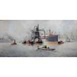 Marinus de Jongere (1912-1978), Port scene, watercolour, signed, 19cm x 39cm.