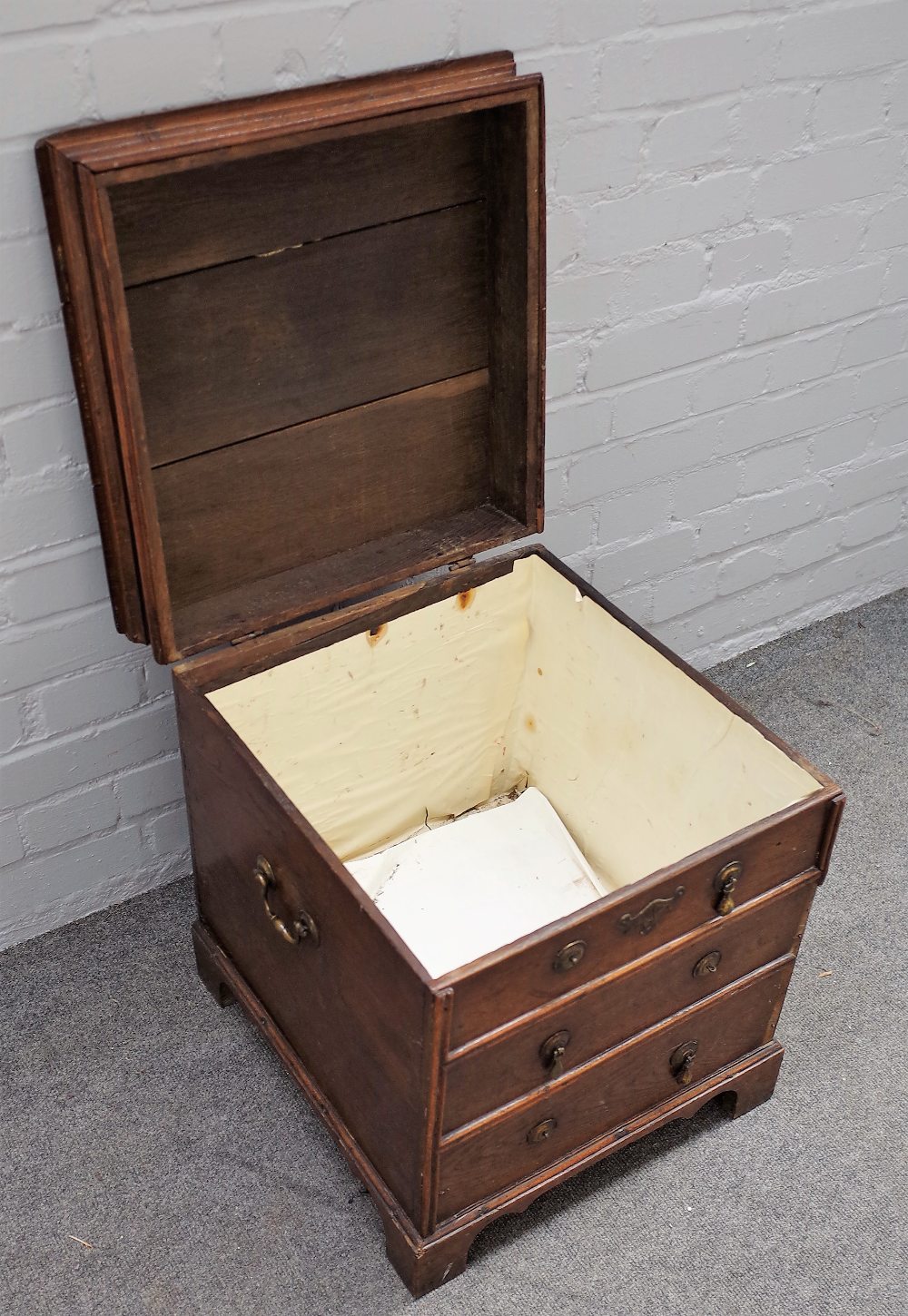 A George I oak close/box stool, lift up lid above dummy drawer front, 47cms wide, 57.5cms high. - Image 2 of 2