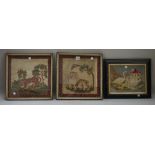 A pair of Victorian woolwork pictures depicting a lion and a tiger against landscapes,