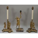 A late 19th/early 20th century ormolu lamp with breche niolette marble square base,