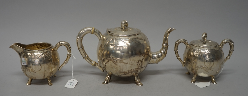 A late 19th century Chinese silver three piece tea set, Tuck Chang, Shanghai, - Image 5 of 12