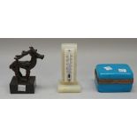 An onyx desk thermometer, 12cm high, a blue glass rectangular casket with gilt metal mounts,