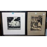 A group of three woodcut prints, including Horses, Market Women, and Jazz, all indistinctly signed,