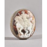 A silver mounted oval shell cameo hinge lidded snuff box, gilt within,