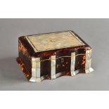 A Regency mother-of-pearl and ivory inlaid tortoiseshell sewing box,