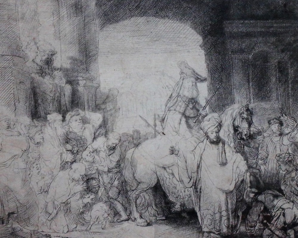 After Rembrandt, The Triumph of Mordecai, etching, 16.5cm x 20.5cm.