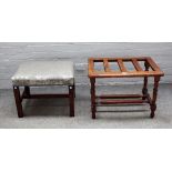 An 18th century mahogany rectangular foot stool on moulded square supports, 53cm wide x 42cm high,