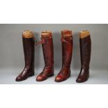 Three pairs of gentlemen's brown leather riding boots and one smaller pair, (4 pairs).