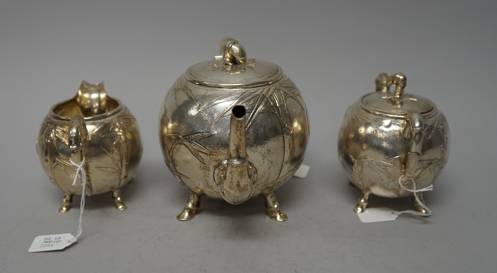 A late 19th century Chinese silver three piece tea set, Tuck Chang, Shanghai, - Image 4 of 12