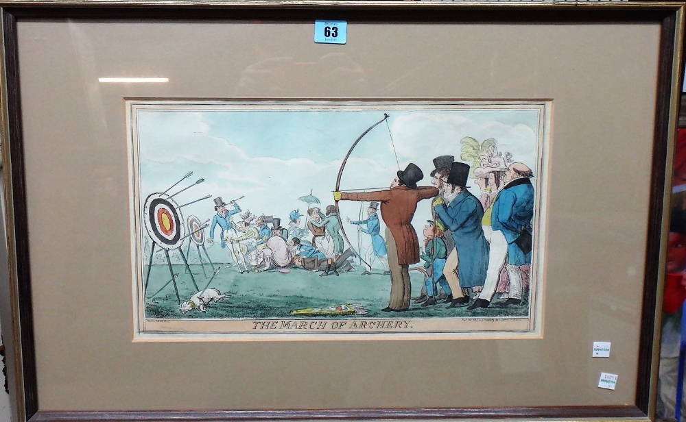 A group of thee hand coloured satirical engravings, including 'The March of Archery',