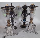 A pair of 20th century Regency style twin branch table lamps with etched glass shades,