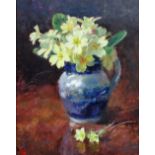 Pamela Kay (b.1939), Still life of primroses in a Spode jug, oil on board, signed with initials, 22.