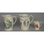 Three creamware black printed baluster jugs, circa 1800, various prints including,