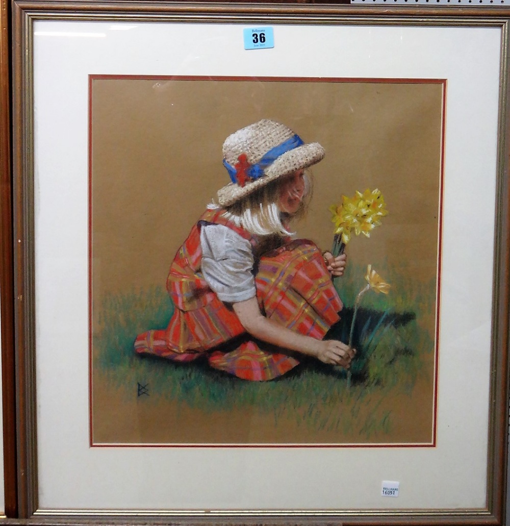 D** K** (late 20th century), Gathering daffodils; On the beach, two pastels,