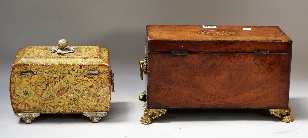 A George III mahogany rectangular tea caddy on gilt metal paw feet, - Image 4 of 5