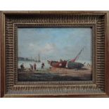 A group of three 20th century oils, including a view of a dockside at dusk, oil on panel,