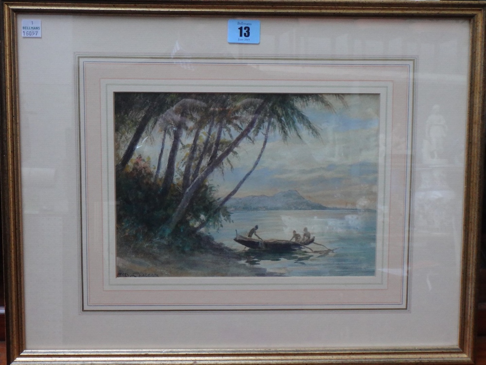 Trevor Haddon (1864-1941), Figures with canoe on a tropical shore, watercolour, signed, 18cm x 26cm.