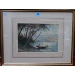 Trevor Haddon (1864-1941), Figures with canoe on a tropical shore, watercolour, signed, 18cm x 26cm.