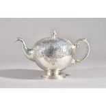 A late Victorian silver teapot, of spherical form, decorated with mythological figures,