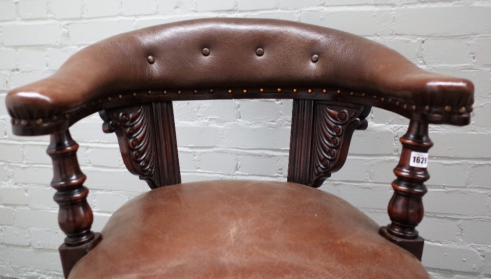 A Victorian mahogany framed tub back office swivel chair, on four downswept supports, - Image 2 of 3