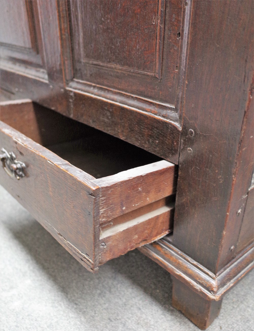 An 18th century oak mule chest, the lift top over triple panel front and pair of drawers, - Image 3 of 4