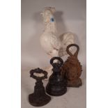 A 20th century white painted cast iron figure of a cockerel 54cm high and a group of three cast