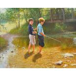 Tony Sheath (b.1946), Two boys fishing, oil on canvas, signed, 39cm x 49cm.
