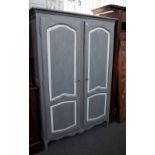 A 19th century and later grey painted French two door armoire, on cabriole supports,