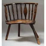 A 19th century primitive beech and ash child's tub back chair with turned decoration,