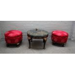 A pair of early 20th century chinoiserie decorated red upholstered footstools,