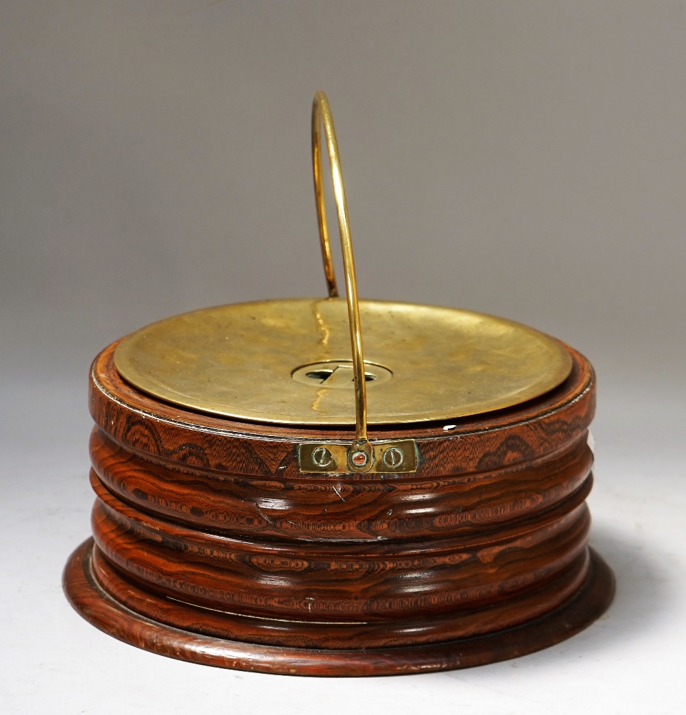 A George III ash and brass foot warmer with ribbed body and loop handle, 27cm diameter x 12cm high. - Image 2 of 3